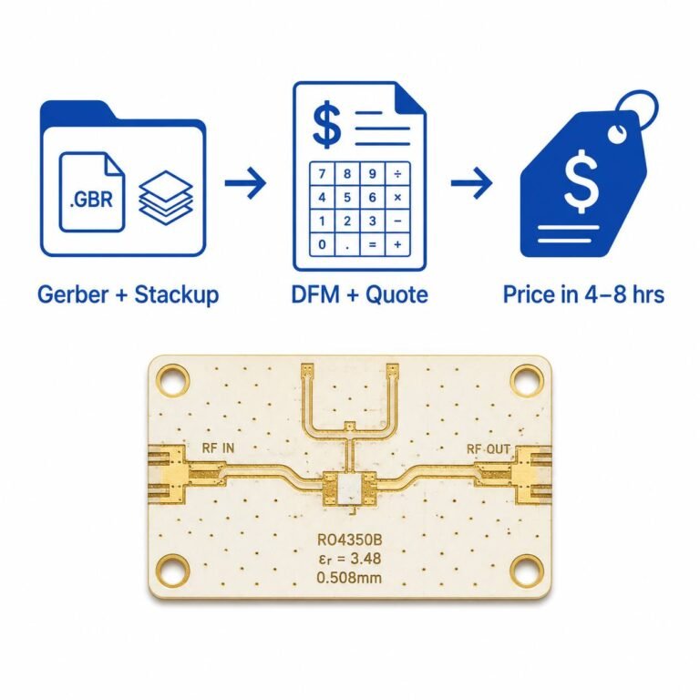 Rogers PCB quote process showing engineer sending Gerber files via laptop with price quotation document on screen