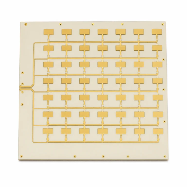 Rogers RO3003 PTFE ceramic PCB showing Ka-band patch antenna array with fine microstrip feed lines on 0.127mm substrate