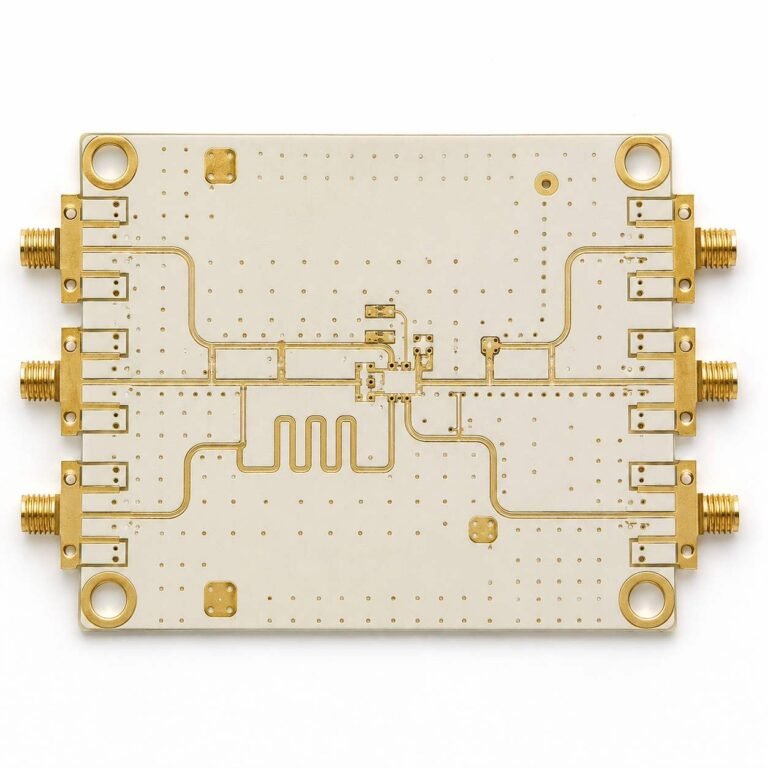 Rogers RO4350B PCB showing microstrip traces and SMA connectors on hydrocarbon ceramic substrate for RF design