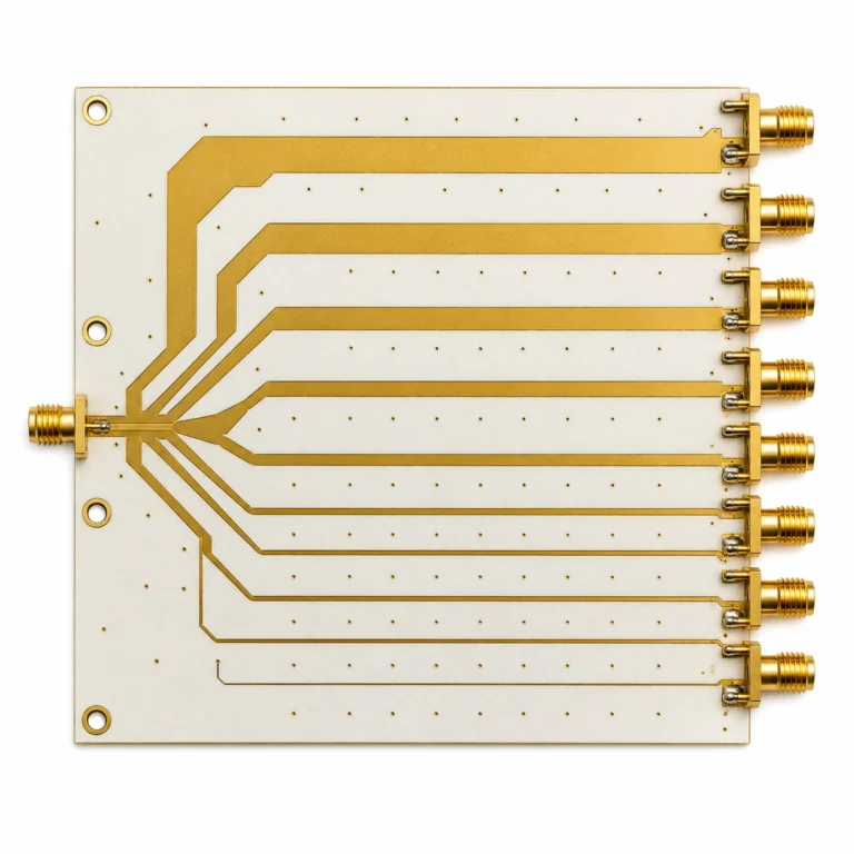 Rogers RT5880 PTFE glass PCB showing wideband RF microstrip circuit with SMA connectors on lowest-loss substrate