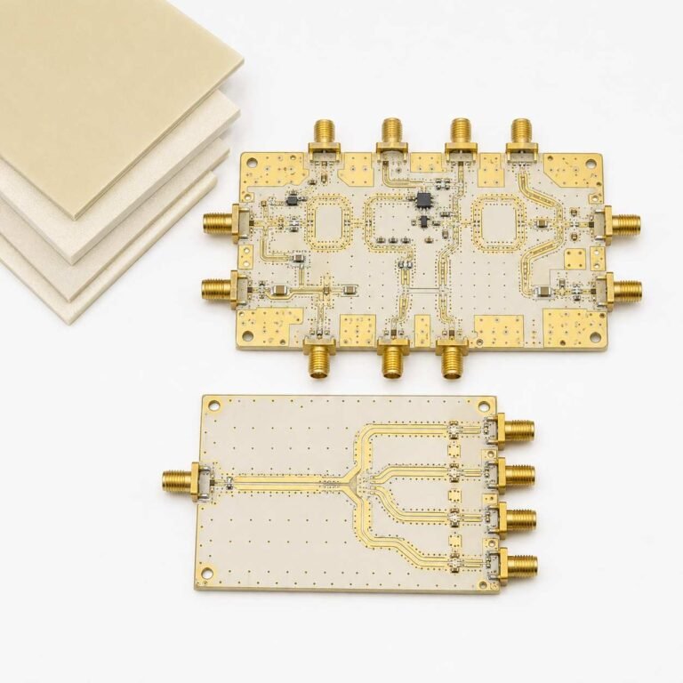 Rogers RT5880 PCB manufacturer showing wideband EW circuit board with SMA connectors on PTFE substrate in multiple thicknesses