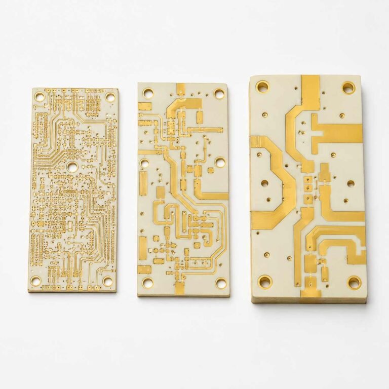Rogers RT5880 RT5870 RO3003 PTFE PCB material comparison showing three different substrate boards