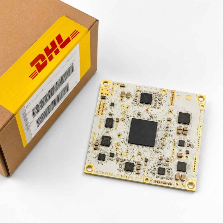 Turnkey PCB assembly China showing Rogers PTFE board with SMT components and DHL shipping box ready for export
