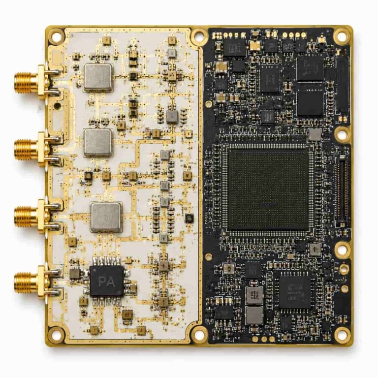 5G communication module PCB showing sub-6GHz RF front-end board on Rogers RO4350B substrate with filter and PA layout