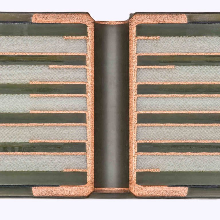 Aerospace defense PCB material qualification showing IPC Class 3 microsection cross section and material traceability documentation