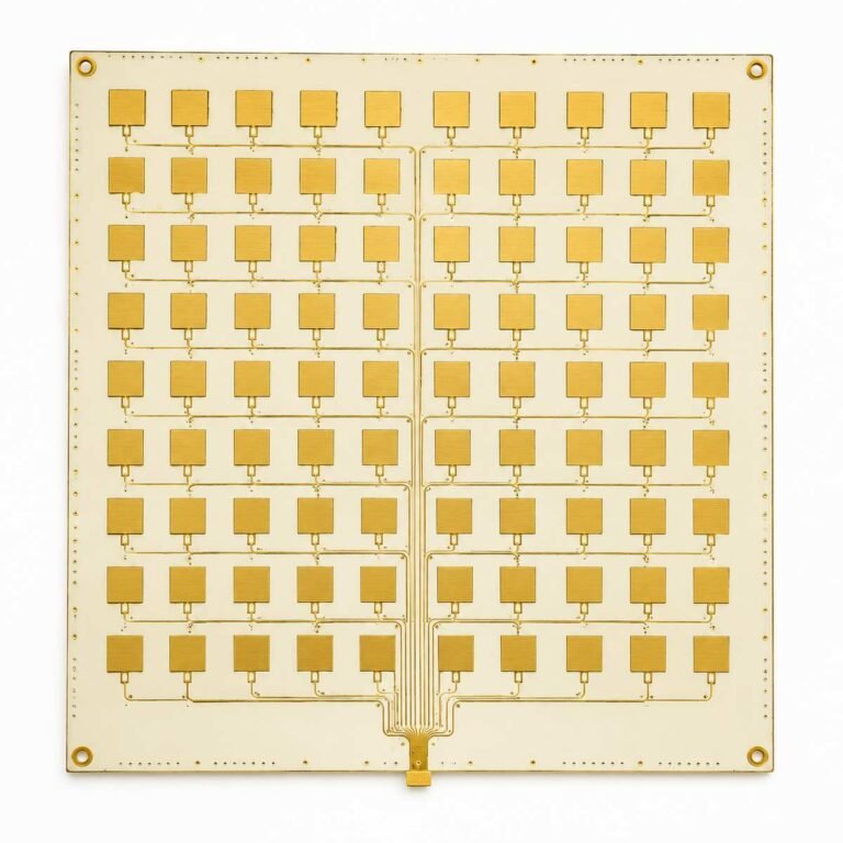 Phased array PCB design showing regular grid of patch antenna elements on Rogers RO3003 substrate with corporate feed network