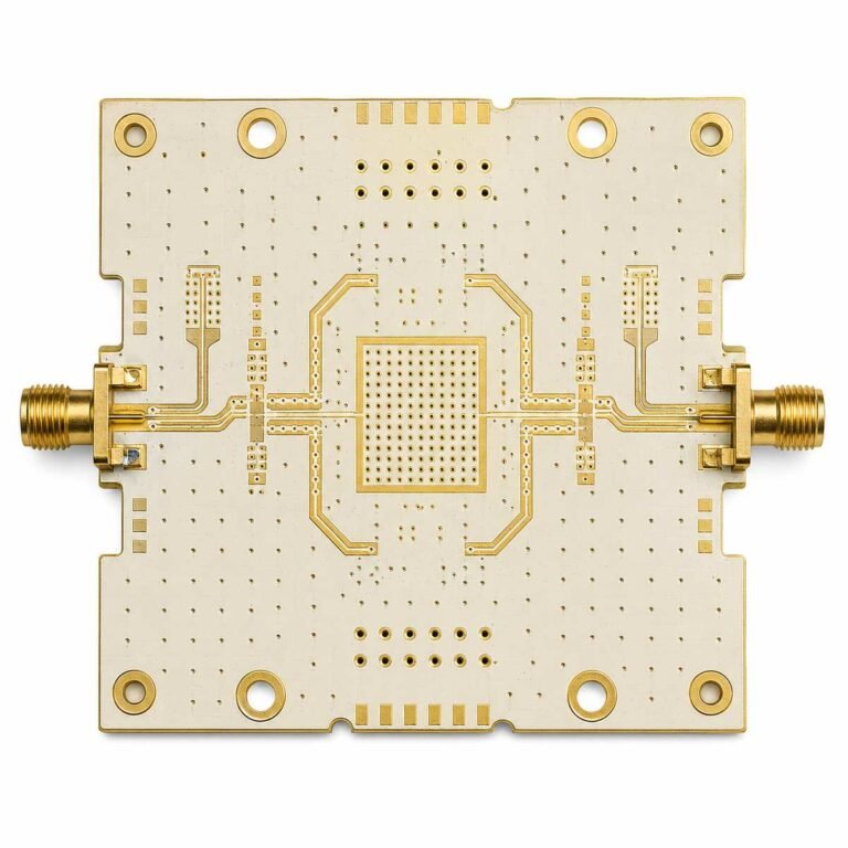 RF power amplifier PCB design showing MMIC amplifier circuit on Rogers RO4350B substrate with thermal via array and ground plane