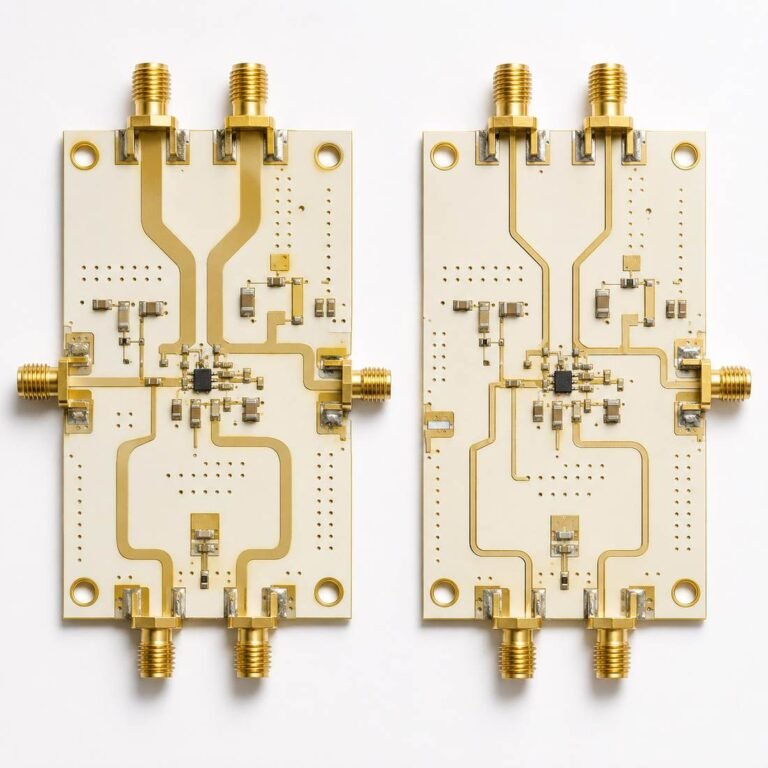 Rogers RO4003C vs RO4350B PCB comparison showing two hydrocarbon ceramic RF substrates side by side for material selection