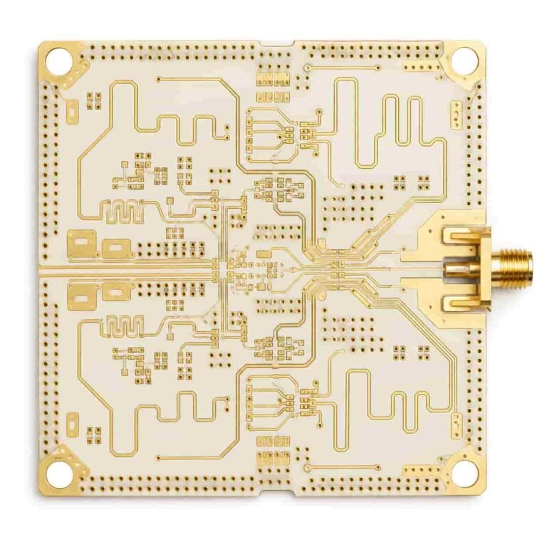 Rogers RO3003 PCB showing Ka-band and 77GHz automotive radar circuit board on PTFE ceramic substrate with fine microstrip traces