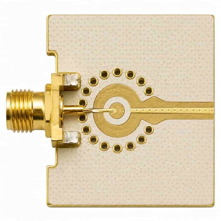RF connector launch PCB design showing SMA edge mount connector footprint with ground via ring on Rogers substrate