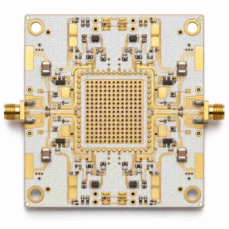 GaN RF power amplifier PCB showing QFN thermal pad with dense copper via array on Rogers substrate for high power density heat extraction