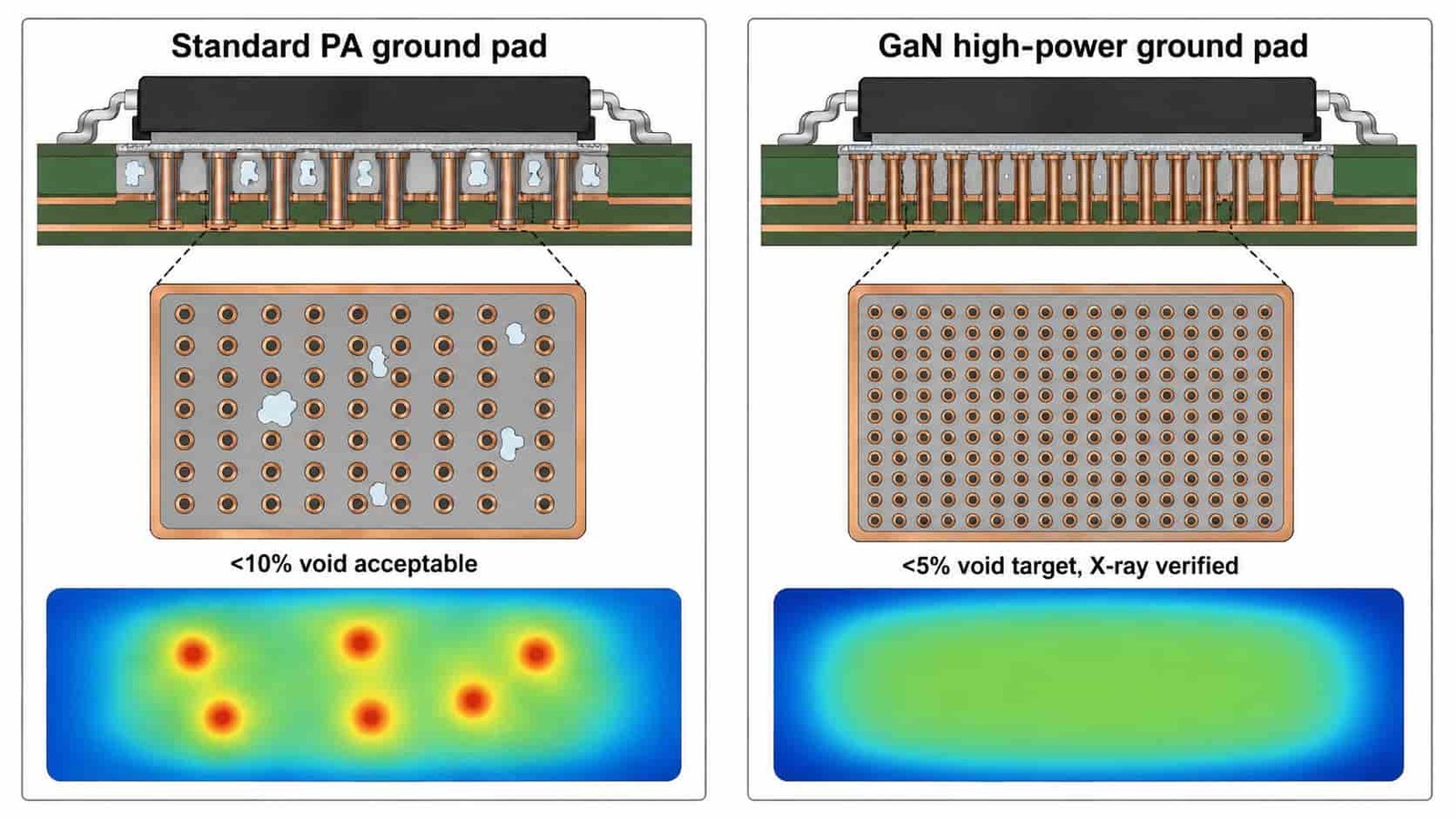GaN RF power amplifier PCB ground pad void control diagram showing X-ray inspection of thermal via array under QFN package for high power heat dissipation