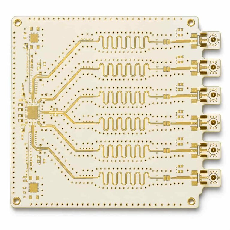 RF PCB manufacturer capability for phase matched multi channel design showing length matched traces on Rogers substrate for frequency synthesizer board