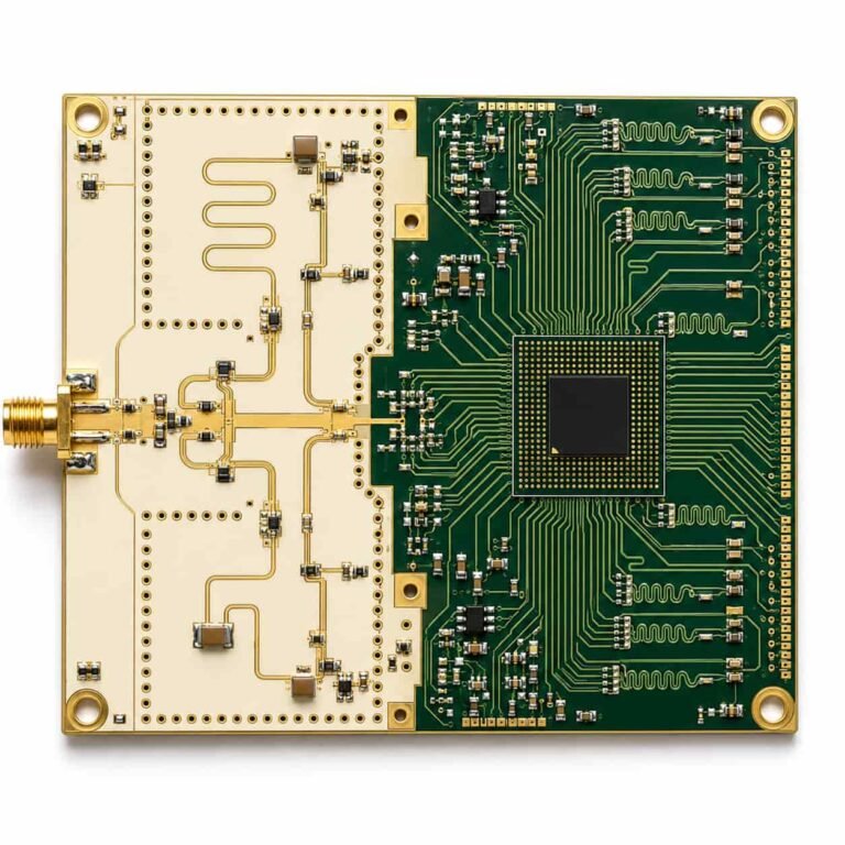 RF PCB manufacturer mixed signal design showing RF section and high speed digital differential pairs on same Rogers FR4 hybrid board
