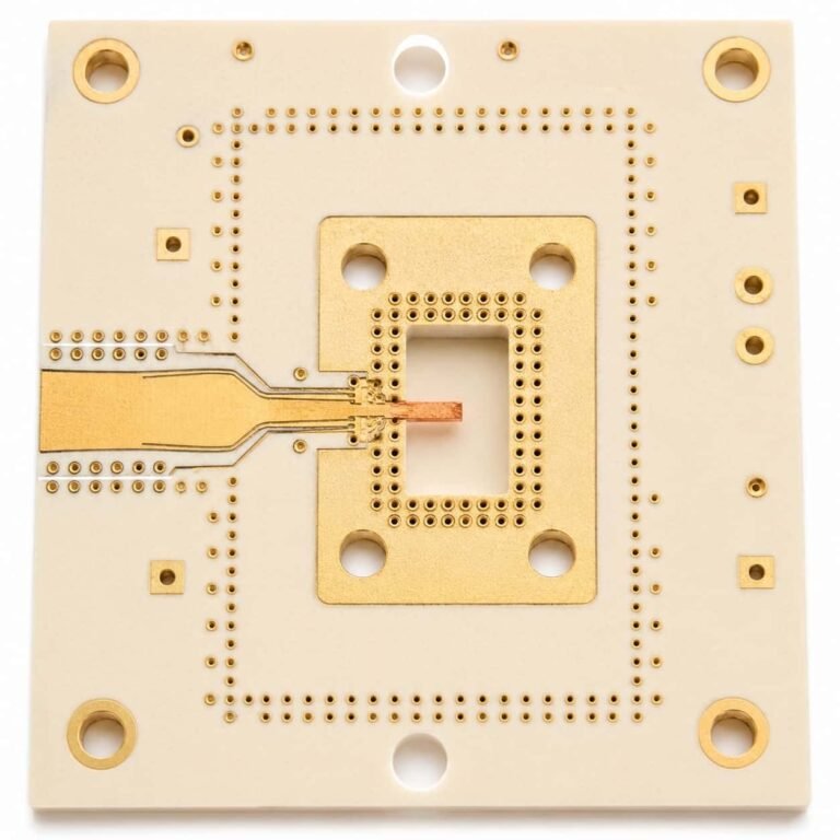 PCB to waveguide transition design showing microstrip probe launch on Rogers substrate for millimeter wave radar antenna application