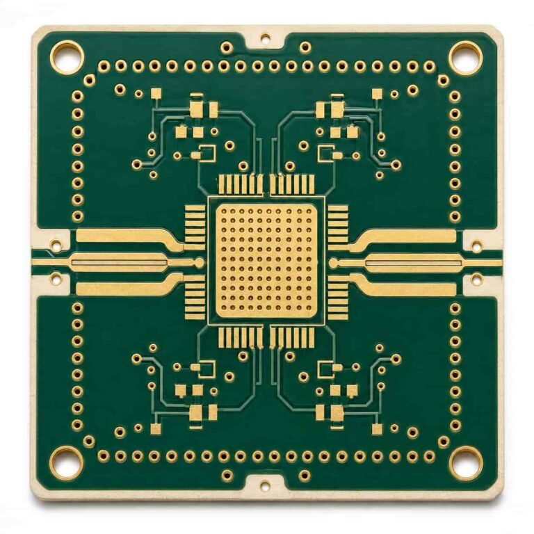 QFN MMIC RF PCB layout showing filter switch package footprint with ground via array and coplanar waveguide traces on Rogers substrate