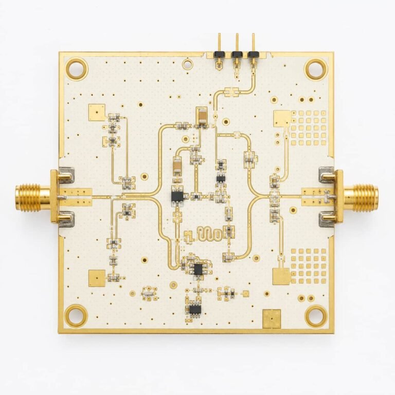 Taconic PCB material showing TLY-5 PTFE substrate high frequency circuit board with microstrip RF traces