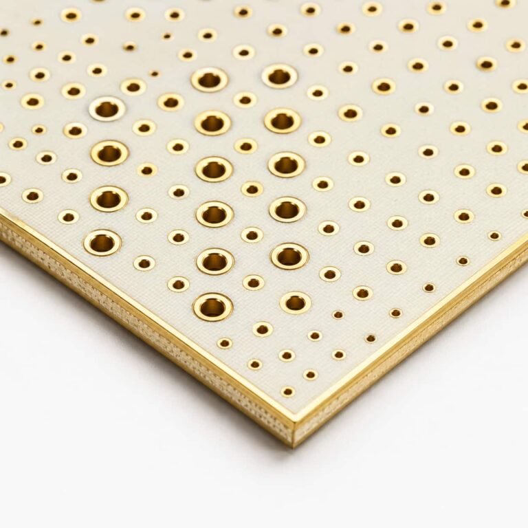 High frequency PCB drilling capabilities showing microvia laser drilled holes and mechanical via array on Rogers substrate