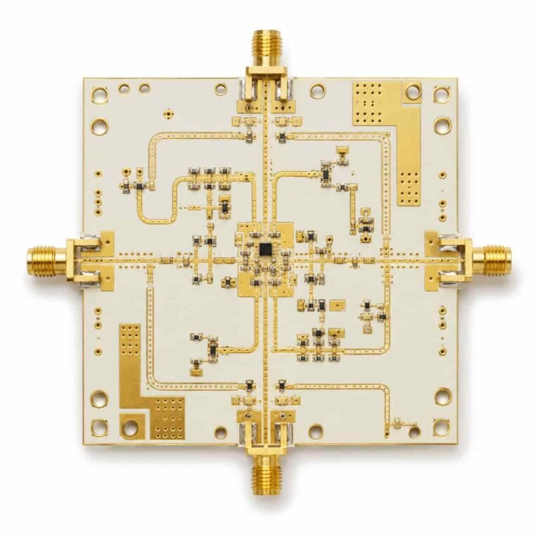 F4B PCB material showing PTFE substrate high frequency circuit board with microstrip RF traces and ENIG finish