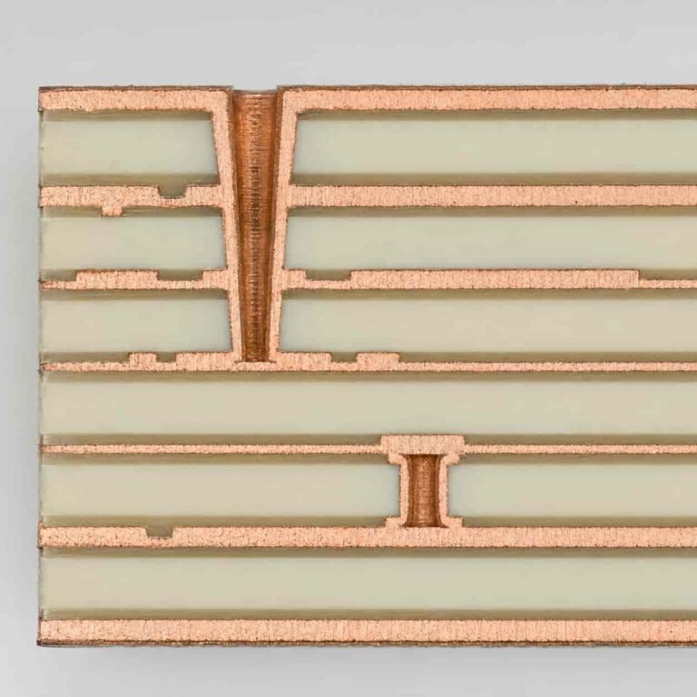 Blind and buried via RF PCB design showing multilayer stackup cross section with laser drilled microvias on Rogers substrate