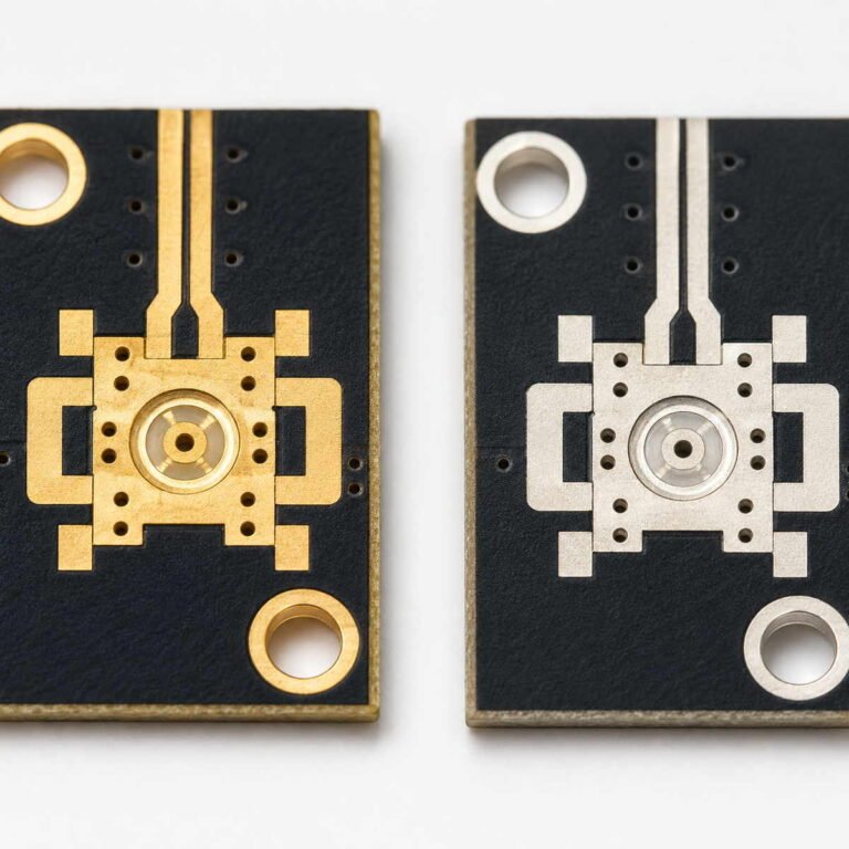 ENIG vs ENEPIG vs immersion silver RF PCB surface finish comparison showing gold and silver plated connector pads on high frequency circuit board