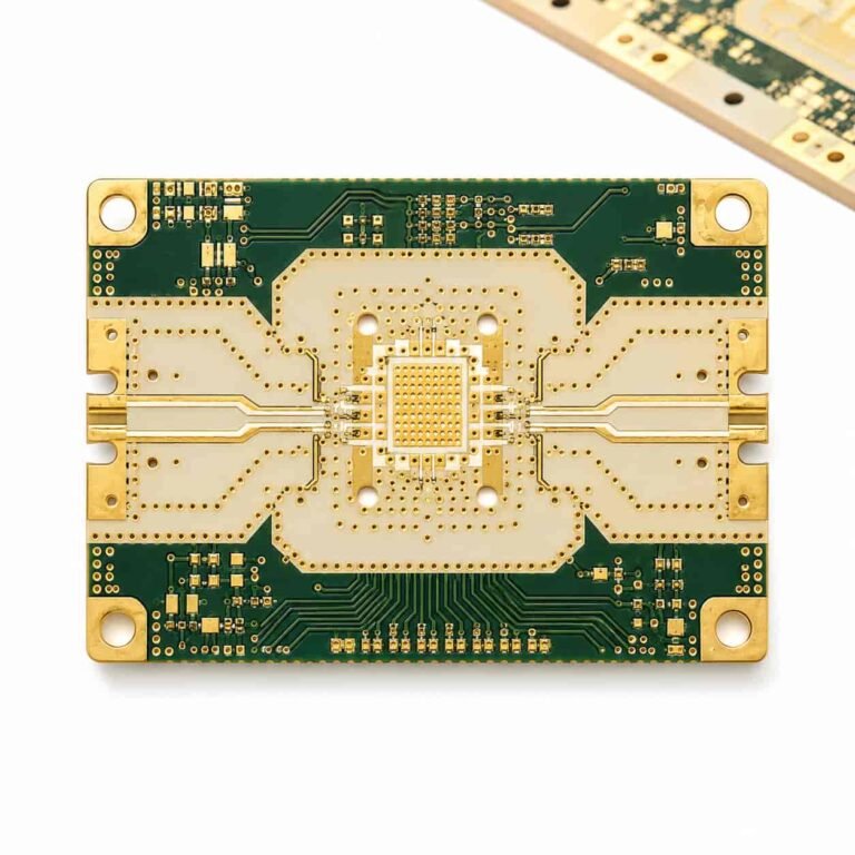 X-band Ku-band AESA radar PCB showing T/R module carrier board with GaN MMIC ground via array on Rogers substrate
