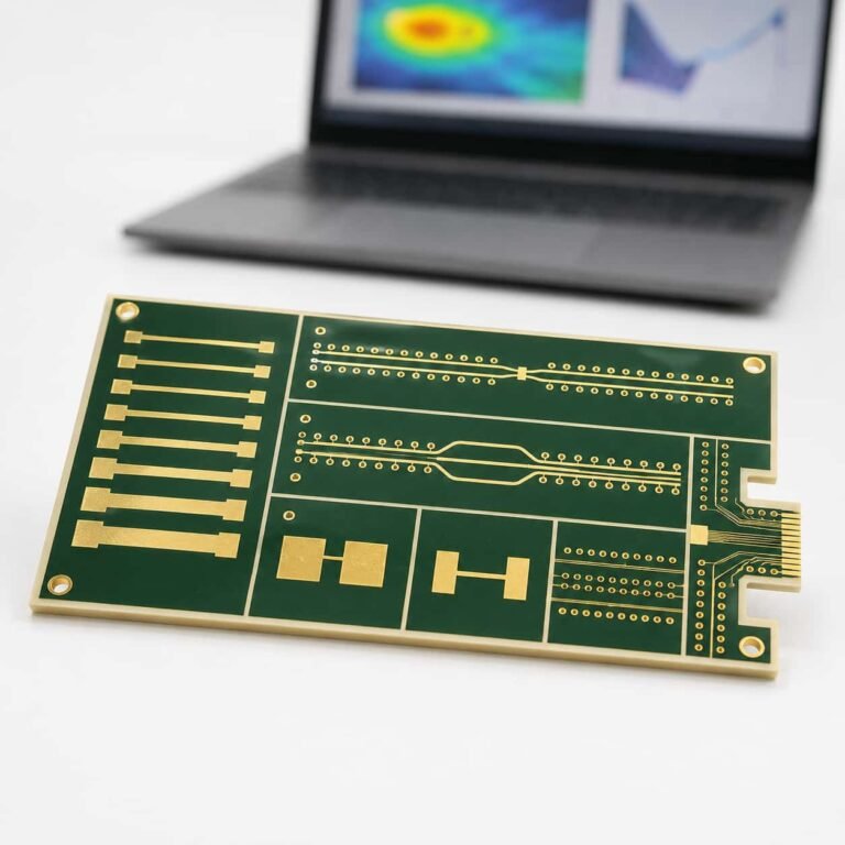 RF PCB simulation ready material data showing test coupon alongside Rogers substrate board for EM modeling correlation