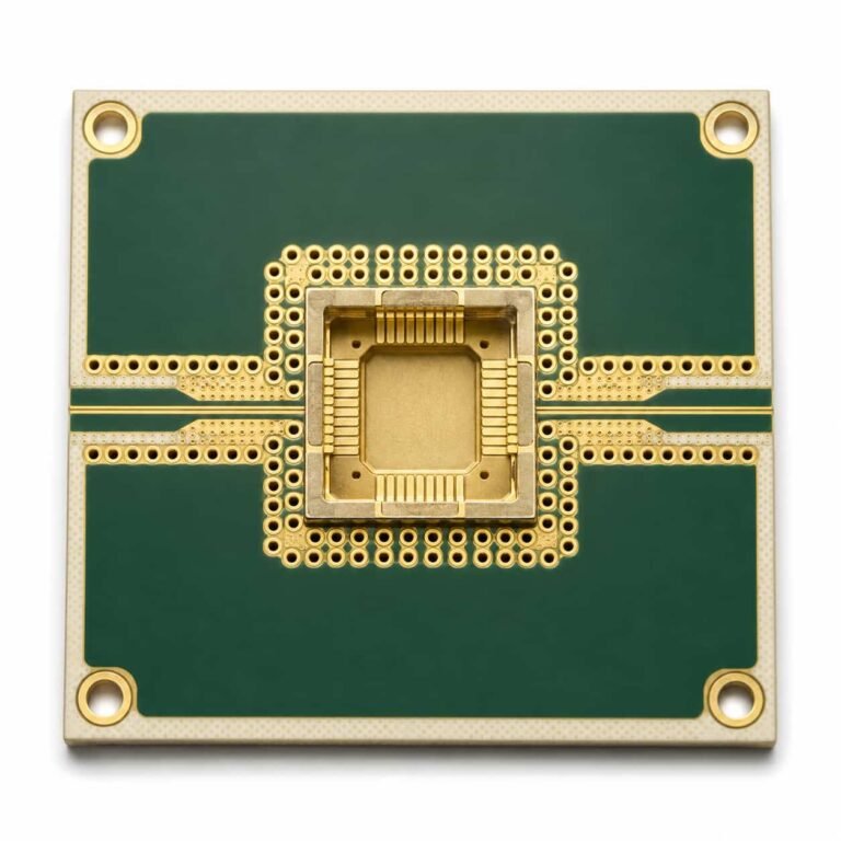 mmWave air cavity package PCB transition showing GCPW launch with ground via ring on Rogers substrate for 40GHz RF package
