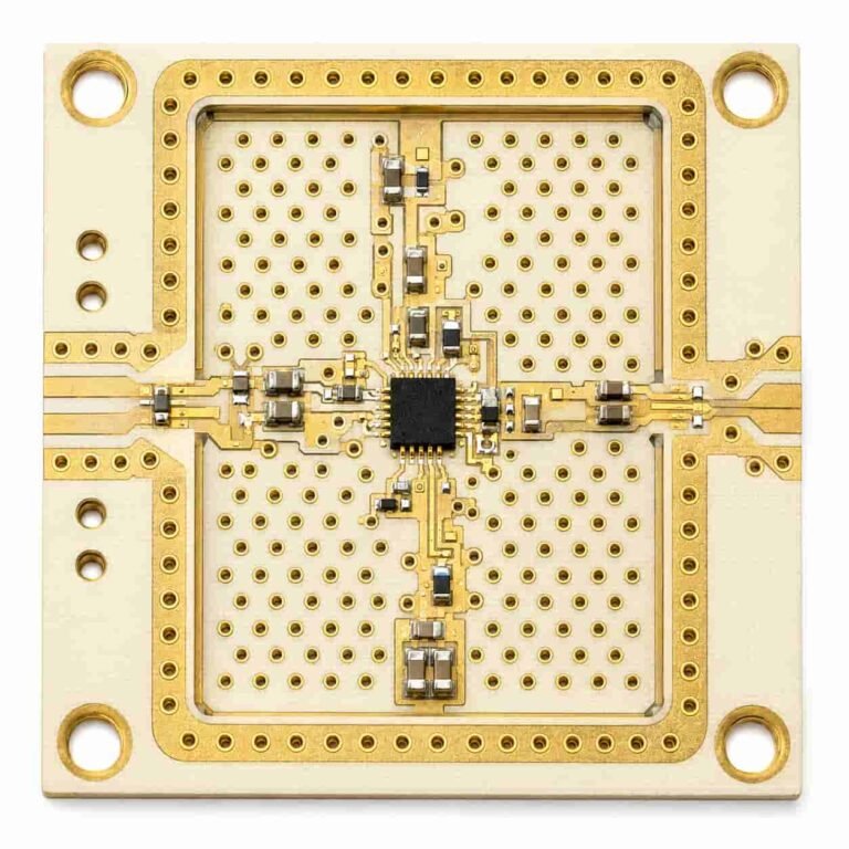 Low noise amplifier LNA PCB showing dense ground via array and shielding can footprint on Rogers substrate for receiver front end design