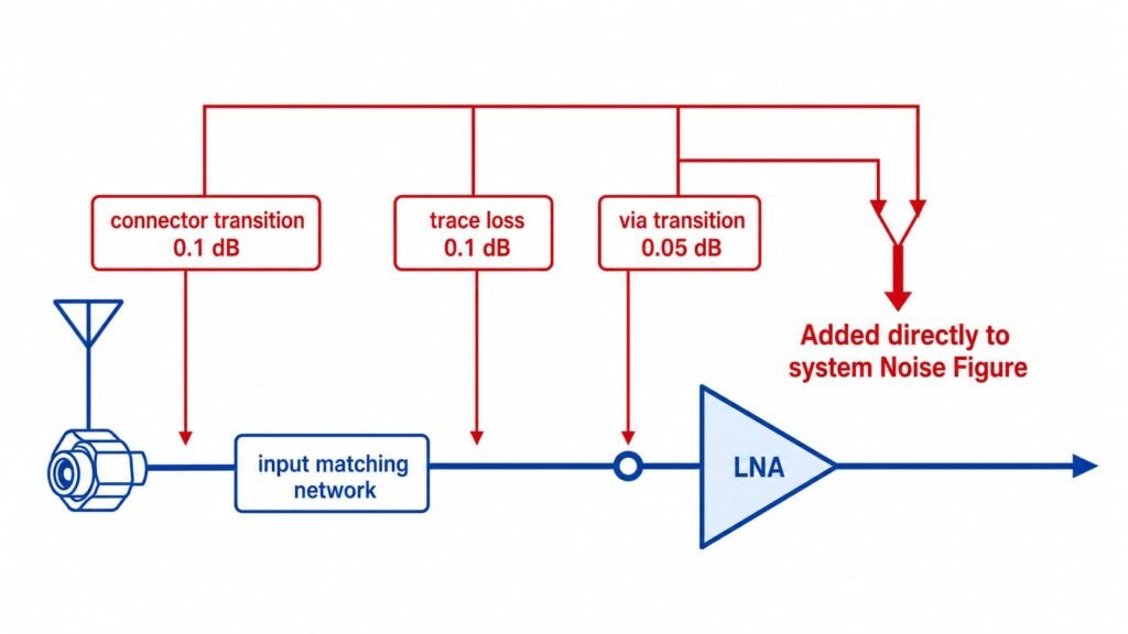LNA PCB noise figure budget diagram showing insertion loss contributions from input matching network trace and connector before the low noise amplifier stage