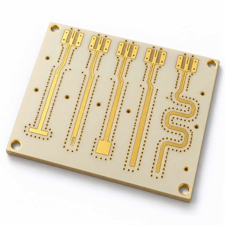 RF mmWave test fixture PCB showing GSG probe pad calibration structures and de-embedding lines on Rogers substrate